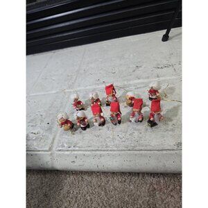 11 - Vintage Santa and Mrs Claus Wooden Ornament Set Glasses Yarn Hair Lantern